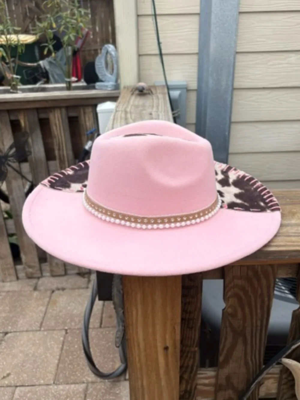 Pink & Cowhide Split Western Cowboy Hat with Pearl Band